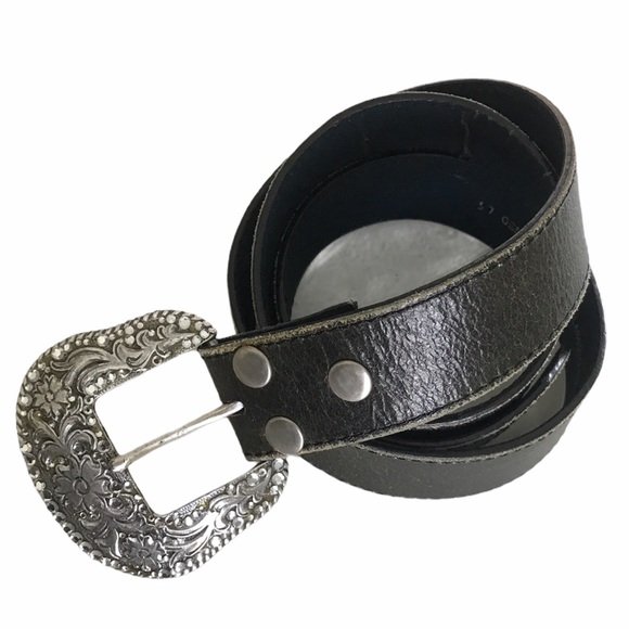 Black Leather Belt w/Western Flare Buckle, Sz. L. Perfect condition. Like new. - Picture 8 of 11